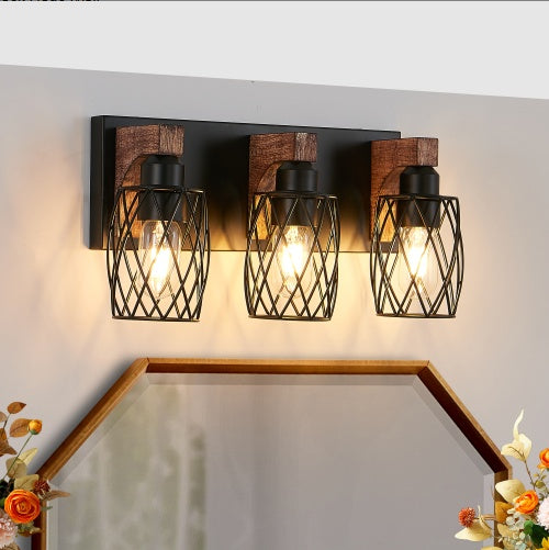 18-Inch Industrial Vintage 3-Light Wall Sconce – Black Cage with Wood Accents